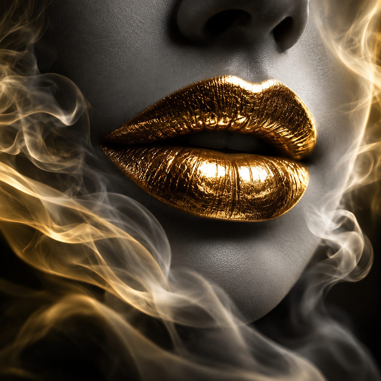 Golden smoke drifting from metallic lips